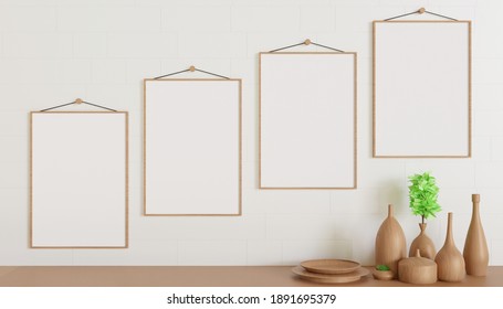  Multiple Wooden Frame Mockup 3d Realistic Rendered. Wooden Frame With With Plant Vase Decoration On The Wooden Table