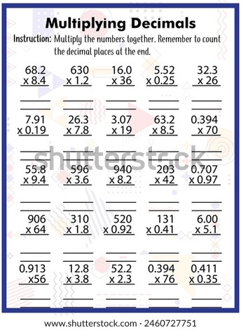 multiplying the decimals math worksheets