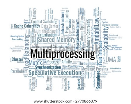 Multiprocessing Word Cloud. A technical visual summary of parallel architectures, processor synchronization, hardware interconnects, and resource management for expert-level computing.