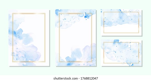 multipurpose card template with blue abstract watercolor background and golden frame. template for wedding, greeting, card etc.