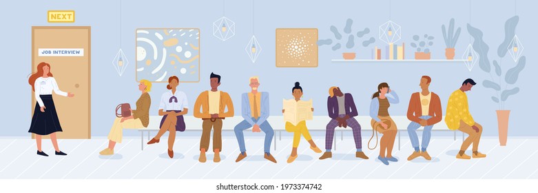 Multiracial Men, Women, Graduated Sitting On Bench In Queue, Waiting For Job Interview, Speaking By Phone, Reading. Recruitment, Unemployment, Head Hunting, Free Vacancy Flat Illustration.