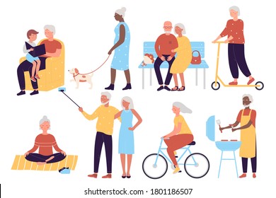 Multiracial old active social people character flat illustration set isolated on white background. Positive men and women with child, pet, in pair, do yoga, ride scooter, bike, grill sausage - Powered by Shutterstock