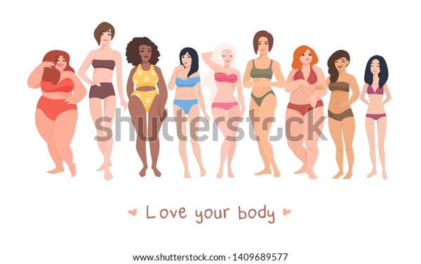 背丈 体型 大きさの異なる多民族の女性が並ぶ水着を着ている 女性の漫画のキャラクター 体のポジティブな動きと美しさの多様性 のイラスト素材