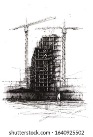 New Buildings Construction Site Hand Drawn Stock Illustration 