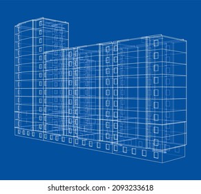 Multi-storey Residential Building. Construction Concept. Drawing Or Blueprint Style. 3d Illustration