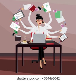 Multitasking Business Woman Working In The Workplace | Raster Version