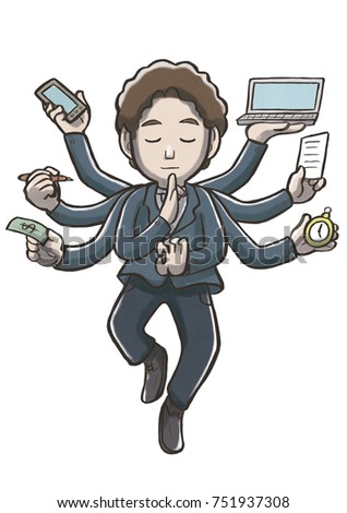 Multitasking man with multiple arms meditating and floating