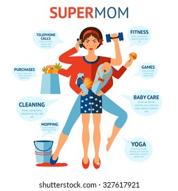 Multitasking Super Mom Concept With Woman Holding Baby And Housework Objects In Hands  Illustration