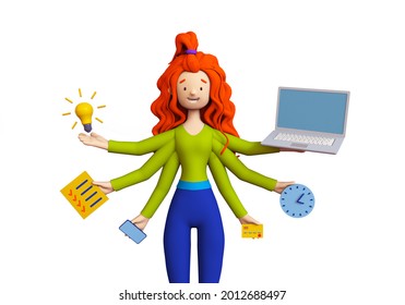 Multitasking And Time Management Concept. Busy Cartoon Businesswoman With Six Arms Doing Different Type Of Work. Trendy 3d Illustration.