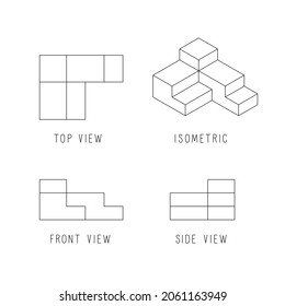 Multiview Orthographic Projection With Isometric Drawing, Black And White Technical Graphic Showing Top, Front And Right Views Of A 3d Object. Easy Example, Education And Teaching Resource 