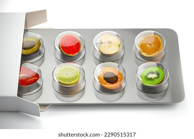 Multivitamins and dietary natural supplements for a healthy diet. Fruits in pills on blister pack. 3d illustration - Powered by Shutterstock