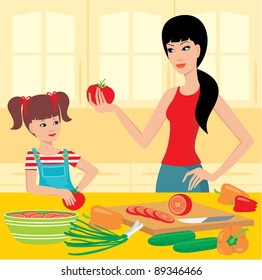 Mum learns the daughter to prepare. Raster illustration - Powered by Shutterstock