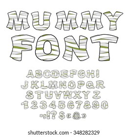 Mummy Font. Alphabet In Bandages. Monster Zombie Letters Of  Latin Alphabet. Learned Embalming Letters. Ancient Egyptian Type Letters, Numbers And Punctuation Marks.