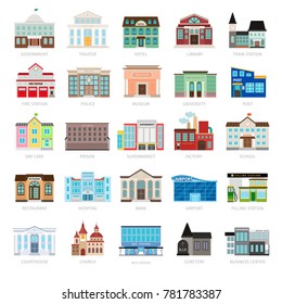 Municipal Library And City Bank, Hospital And School Icon Set. Colored Urban Government Building Icons