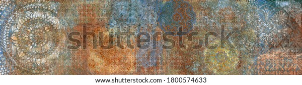 Visual Art Vintage fresco pattern, retro ornament in gold, red, blue colors, Kaleidoscopic motif. Damask design, Elegant royal tile, Abstract Matt.