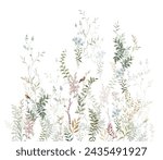 Mural with leaves and flowers. Delicate watercolor vines and flowers, birds on the branches. Watercolor fresco