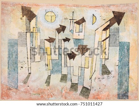 MURAL FROM THE TEMPLE OF LONGING THITHER, by Paul Klee, 1922, Swiss painting, watercolor and ink. Illusionistic geometric abstraction is sweetly colored with primary and secondary colors