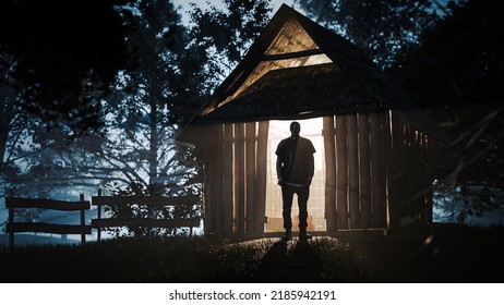 A Murderer With An Ax In Front Of The Old Tool Shed In Dark Foggy Forest - Horror Movie Concept Image - 3d Illustration