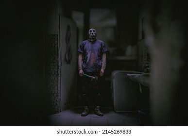 A Murderer With An Ax In The Toilet - Horror Movie Concept Image - 3d Illustration