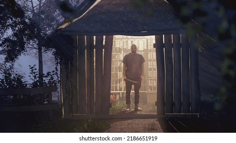 A Murderer In A Creepy Mask With An Ax Standing In An Illuminated Old Tool Shed In The Dark Foggy Forest - Horror Movie Concept Image - 3d Illustration