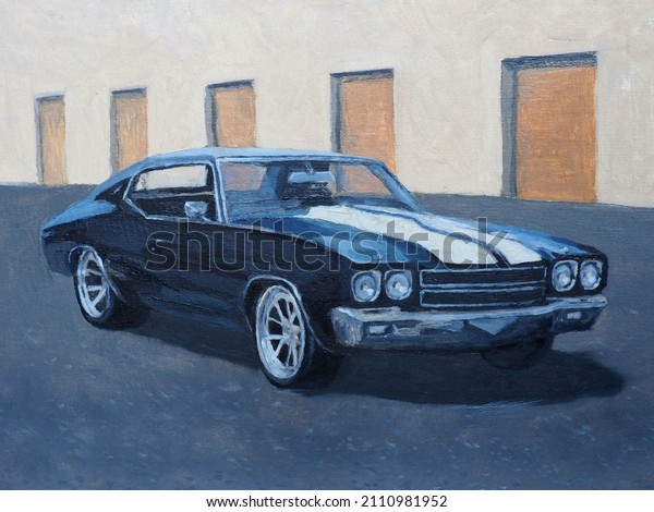Muscle car oil painting. Classic American cars.\
Vintage classic sport\
car