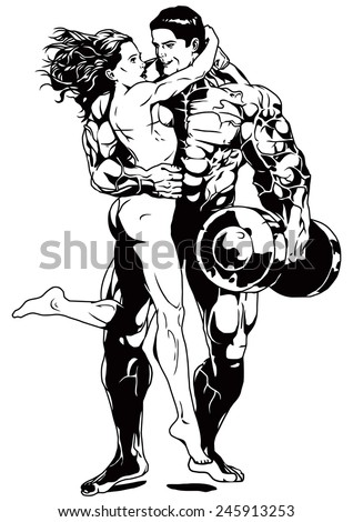 Muscular Bodybuilder Hugs Girl In Bikiniillustrationblack And Whitedrawingoutline Muscular Bodybuilder Hugs Girl In Bikiniillustrationblack And Whitedrawingoutline