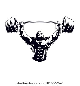 muscular bodybuilder lifts heavy iron barbell, logo, illustration, cartoon, mascot, character, monochrome