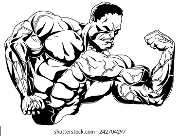 muscular bodybuilder shows biceps,illustration,black and white,drawing,outline