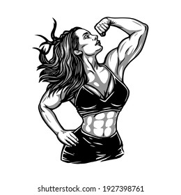 Muscular fitness girl posing, logo, cartoon, mascot, character