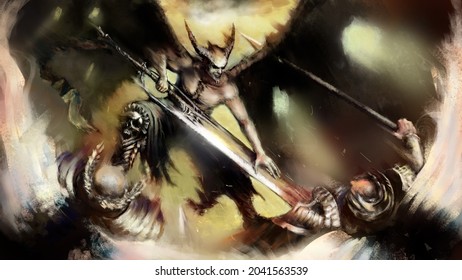 A muscular grinning demon with a huge sword attacked the angels in heavy armor and with glowing wings. 2D illustration.