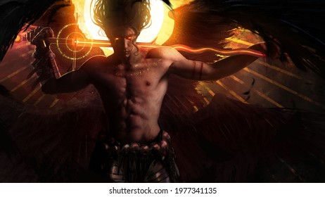 A muscular handsome male angel with black wings and demonic fiery eyes stands with his magic sword on his shoulders, against the background of a bright yellow sun. 2d illustration