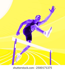 Muscular man in purple hues, athlete in motion jumping over hurdle, competing against vibrant yellow background. Pop art. Contemporary art collage. Concept of sport, competition, games, tournament - Powered by Shutterstock