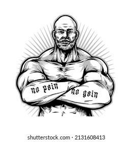 Muscular torso bearded bodybuilder with tattoos, logo, cartoon, mascot, character, monochrome