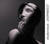 Muse sculpture, nymph pensive pose. 3d rendering black and white Greek Goddess statue head