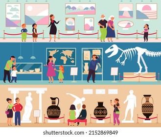 Museum gallery. Cartoon character people, visitors art exhibit. Dinosaur skeleton and sculpture, painting artwork decent illustration - Powered by Shutterstock