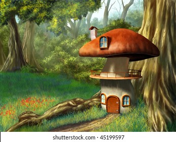 Mushroom house in an enchanted forest  Digital illustration 