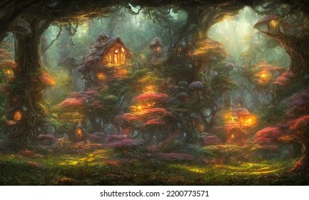 Mushroom houses  fabulous magical forest village fairies  Mushroom trees  light in the windows  Fabulous 3d illustration