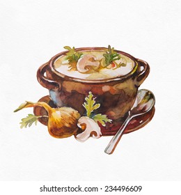 Mushroom soup  Watercolor illustration white background 