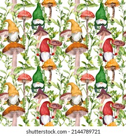 Mushrooms  gnomes fanmily in magical forest  Natural seamless pattern and grass  plants  fungus  Watercolor 