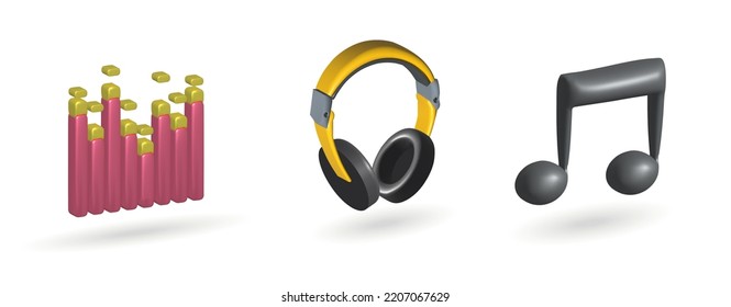 Music 3d Icon Set With Headphone, Equalizer, Musical Note 3d Illustration.