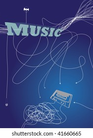 Music Abstract. Includes Cassette Tape, Record, And Microphone With A Tangled White Wires And Cords.