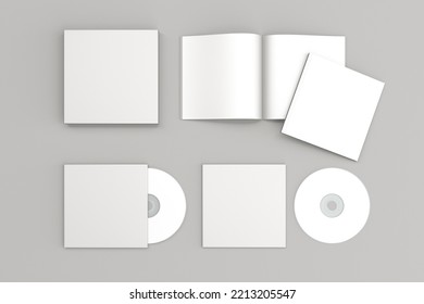 Music Album Mockup Set. Set Box Contents Booklet Cd, Cd Cover. Set Of White Mockup On Gray Background. 3D Render Album Set.