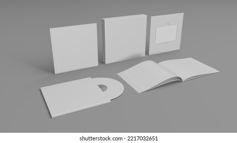 Music Album Mockup Set. Set Box Contents Booklet Cd, Cd Cover. Set Of White Mockup On Gray Background. Music Card. 3D Render Music Album Set.