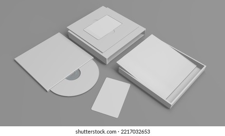 Music Album Mockup Set. Set Box Contents Booklet Cd, Cd Cover. Set Of White Mockup On Gray Background. Music Card. 3D Render Music Album Set.