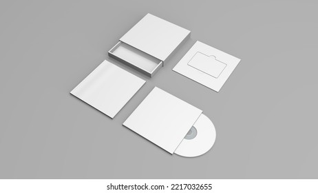 Music Album Mockup Set. Set Box Contents Booklet Cd, Cd Cover. Set Of White Mockup On Gray Background. Music Card. 3D Render Music Album Set.