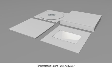 Music Album Mockup Set. Set Box Contents Booklet Cd, Cd Cover. Set Of White Mockup On Gray Background. Music Card. 3D Render Music Album Set.