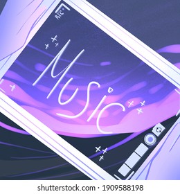 Music Background. Female Hands Holding Tablet. Purple Mystical Landscape. Making A Music Video, Guide Cover. Digital Illustration For An Album, Playlist, App.