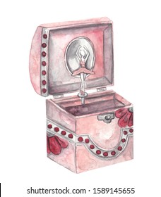 Music Box. Ballerina In A Music Box. Watercolor Illustration On White Isolated Background