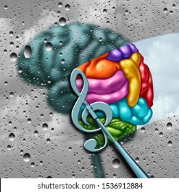 Music Brain And Musical Therapy As A Song Note Creatively Awakening A Grey Mind  As An Audio Psychology Or Psychiatry With 3D Illustration Elements.