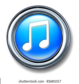 Music Button Represented By A Blue Plastic Circle With A Musical Note Representing Internet Audio Songs For Digital Download.